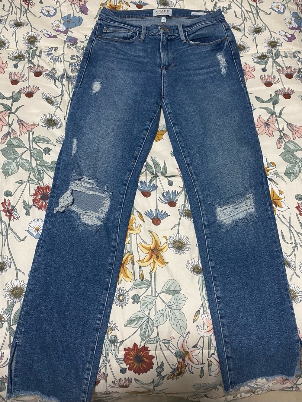Frame Denim Blue Distressed Straight-Leg Jeans